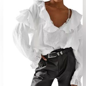 New Free People x We The Free Ruffle Linen Sm Ivory Drapey V-Neck Oversized Top